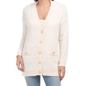 Elie Tahari Cream Pearl Button Long Knit Cardigan Sweater M